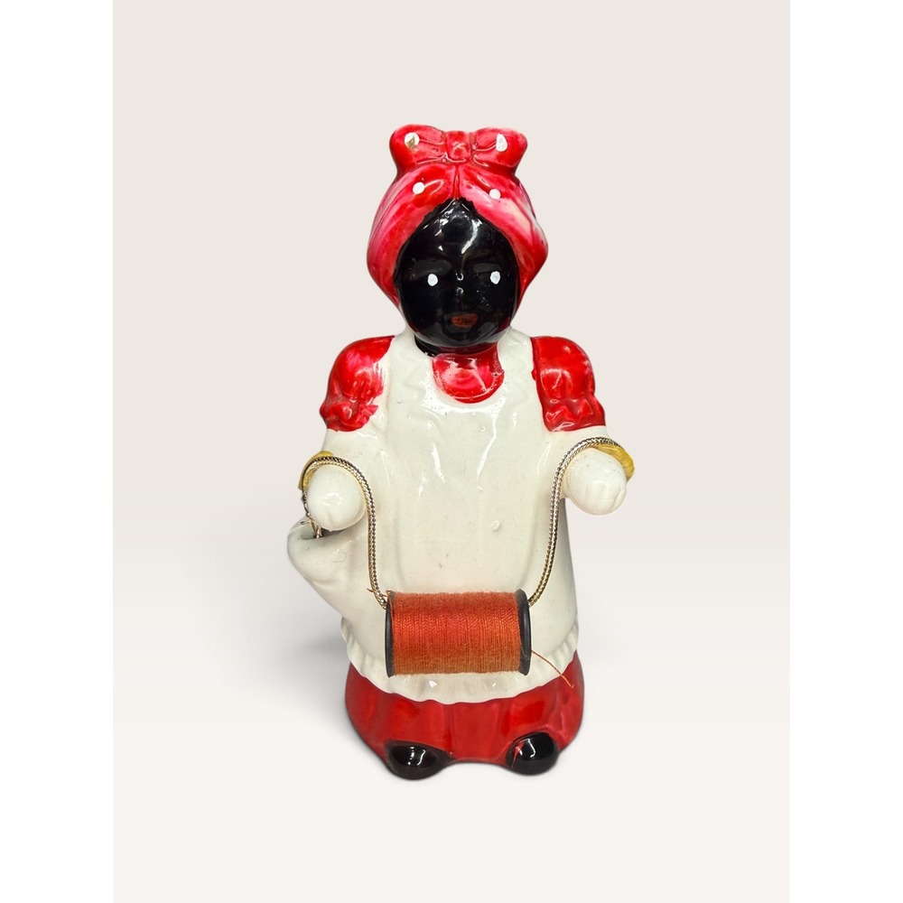Vintage Black Americana Mammy Ceramic Figurine Thread Spool Needle Holder